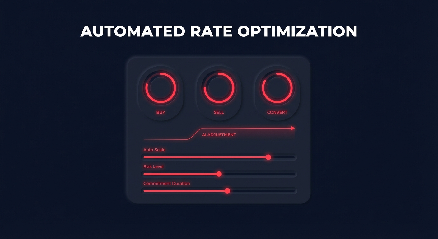 AI automation dashboard concept illustrating automated AWS rate optimization with buy, sell, and convert controls on a dark navy background.