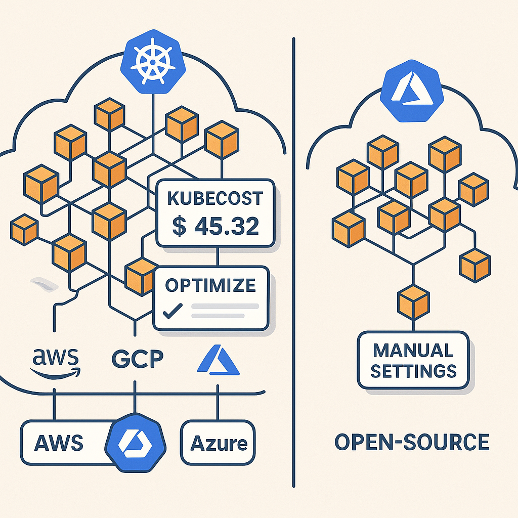 A conceptual illustration of a large Kubernetes environment: clusters of pods and services represented as interconnected cubes across cloud platforms (AWS, GCP, Azure), with prominent Kubecost tags highlighting specific costs and recommended optimizations, contrasted with a second, smaller cluster managed by open-source tools showing manual settings and less detailed cost breakdowns. Clear separation between enterprise automation and open-source manual management.