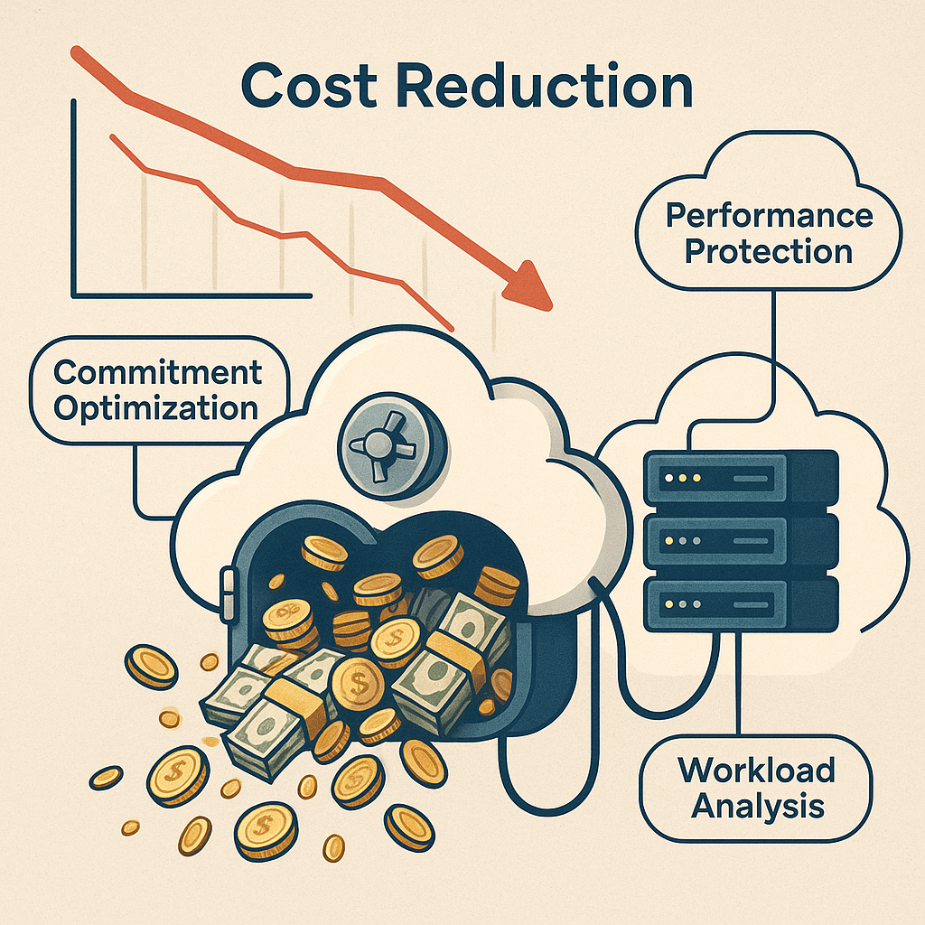 A conceptual image of a cloud-shaped safe or vault overflowing with money or gold coins connected to a cloud server stack, representing AWS cloud cost reduction and savings optimization mechanisms in action