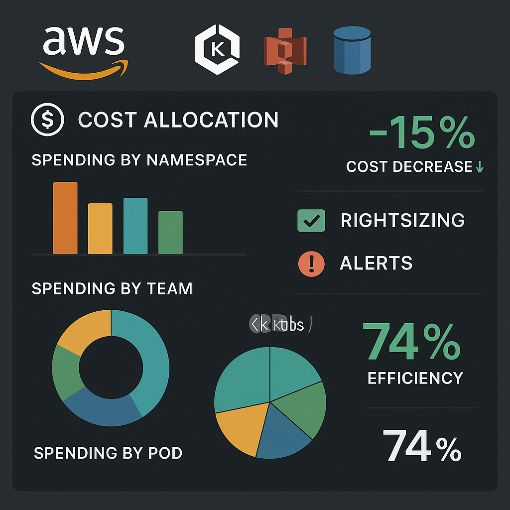 A dashboard-style image showing cost allocation and resource utilization in an AWS Kubernetes cluster: bar charts and pie charts displaying spending by namespace, team (using Kubernetes labels), and individual pods, with rightsizing recommendations and alerts highlighted. The dashboard includes AWS logos and icons for EKS, S3, and RDS, with emphasis on decreased costs and efficiency metrics.