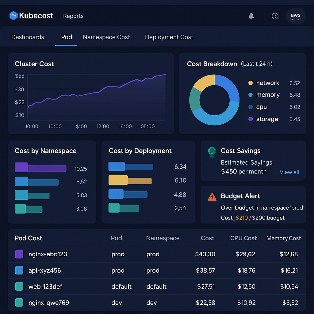 A detailed, vibrant dashboard interface showing Kubecost integrated with AWS: the screen displays real-time Kubernetes cost breakdowns at pod, namespace, and deployment levels, with charts, graphs, and alerts highlighted; include AWS and Kubernetes logos subtly in the UI, and show cost savings recommendations and budget alerts prominently.