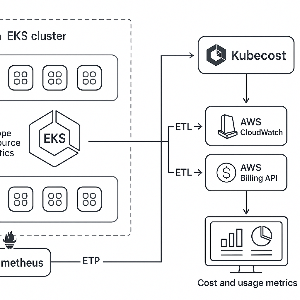 A detailed illustration of the Kubecost data collection pipeline in an AWS Kubernetes environment: a central EKS cluster with visible pods and nodes, Prometheus scraping resource metrics, Kubecost integrating with AWS CloudWatch and Billing APIs, and arrows representing the ETL process. All components are clearly labeled, and the final output is a unified dashboard displaying cost and usage metrics.