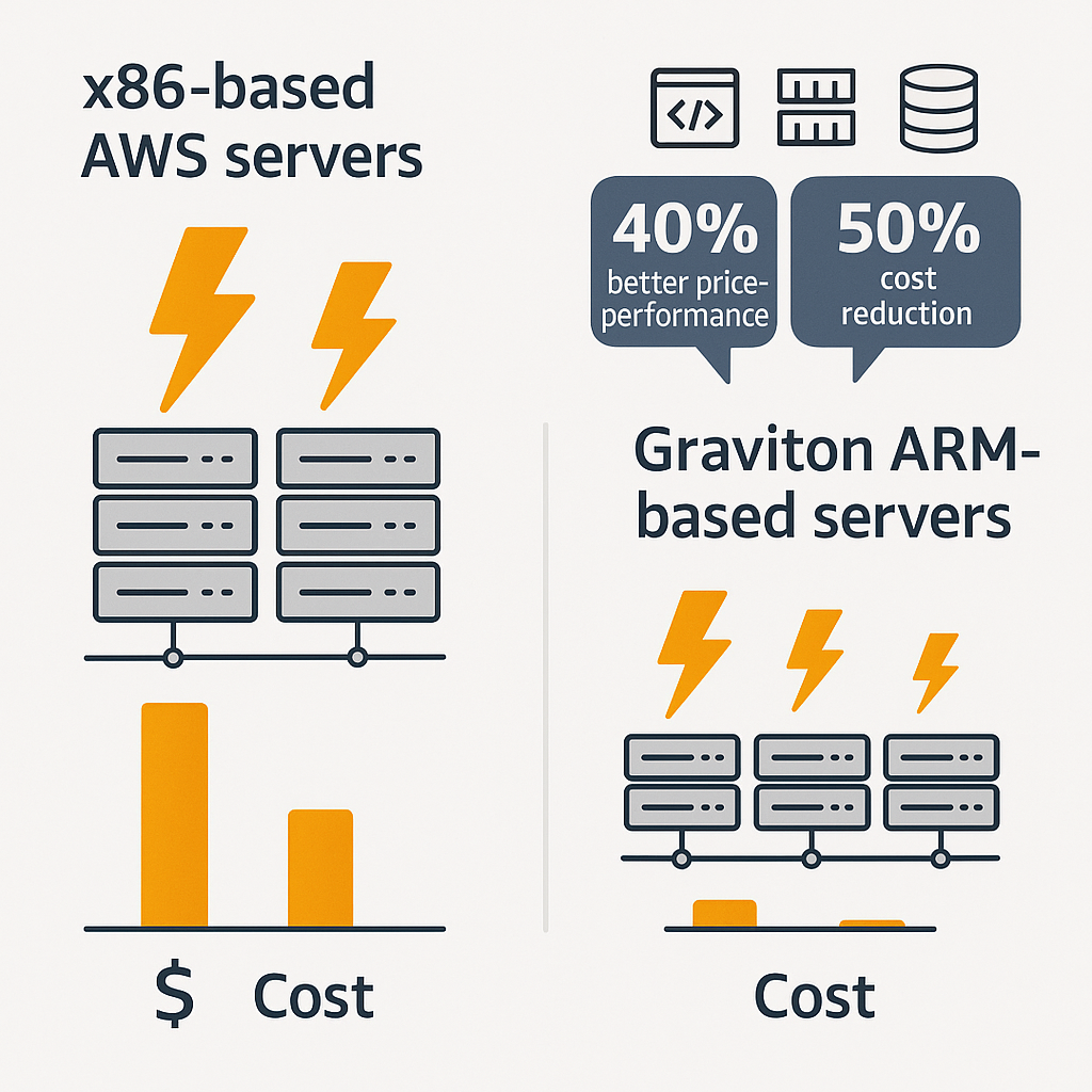 A detailed side-by-side comparison chart: x86-based AWS servers show higher energy usage and costs, Graviton (ARM-based) servers demonstrate lower cost, lower power, and improved price-performance for web servers, containers, and databases