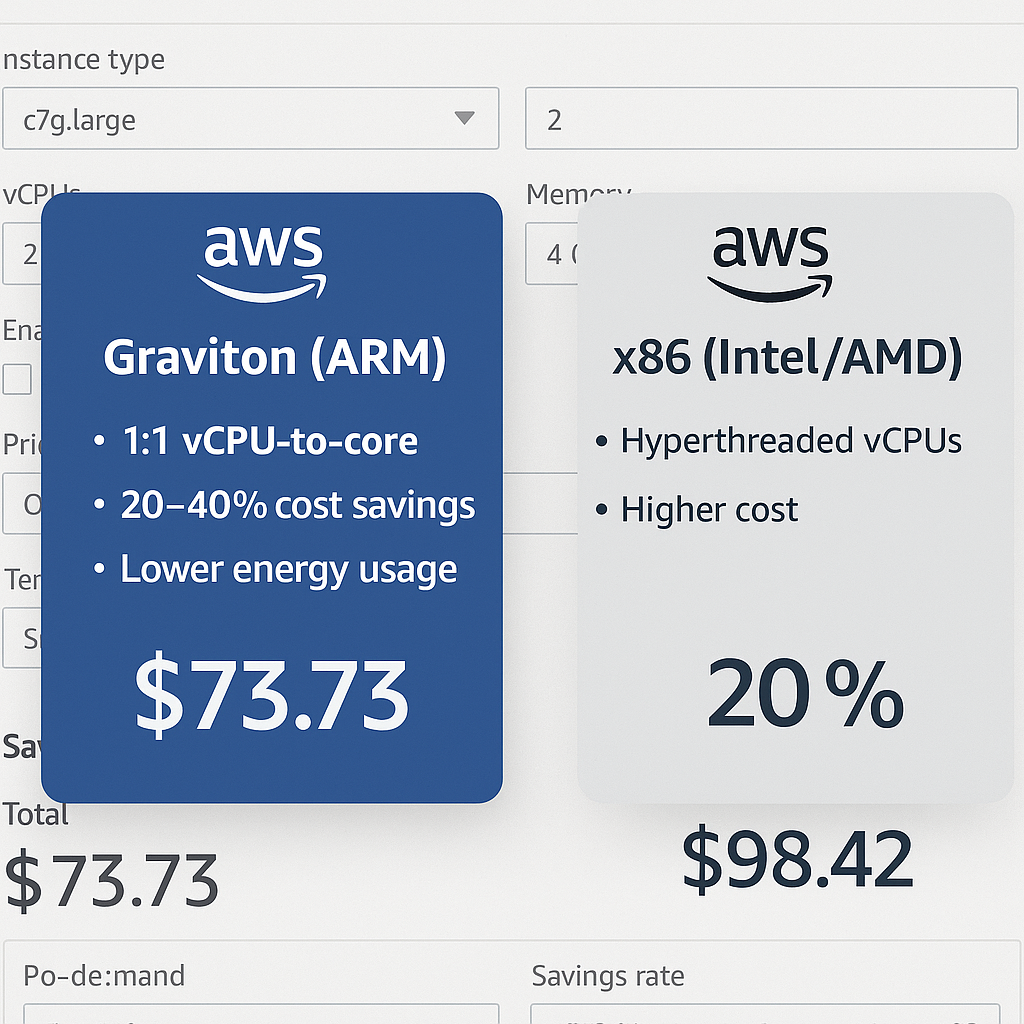 A detailed side-by-side comparison graphic showing two AWS EC2 instances: one labeled 'Graviton (ARM)' and the other 'x86 (Intel/AMD)'. The Graviton instance should display labels like '1:1 vCPU-to-core', '20–40% cost savings', 'Lower energy usage', while the x86 instance shows 'Hyperthreaded vCPUs', 'Higher cost'. Include visual cost savings percentages with clear numerical differences, and AWS calculator interface elements in the background.