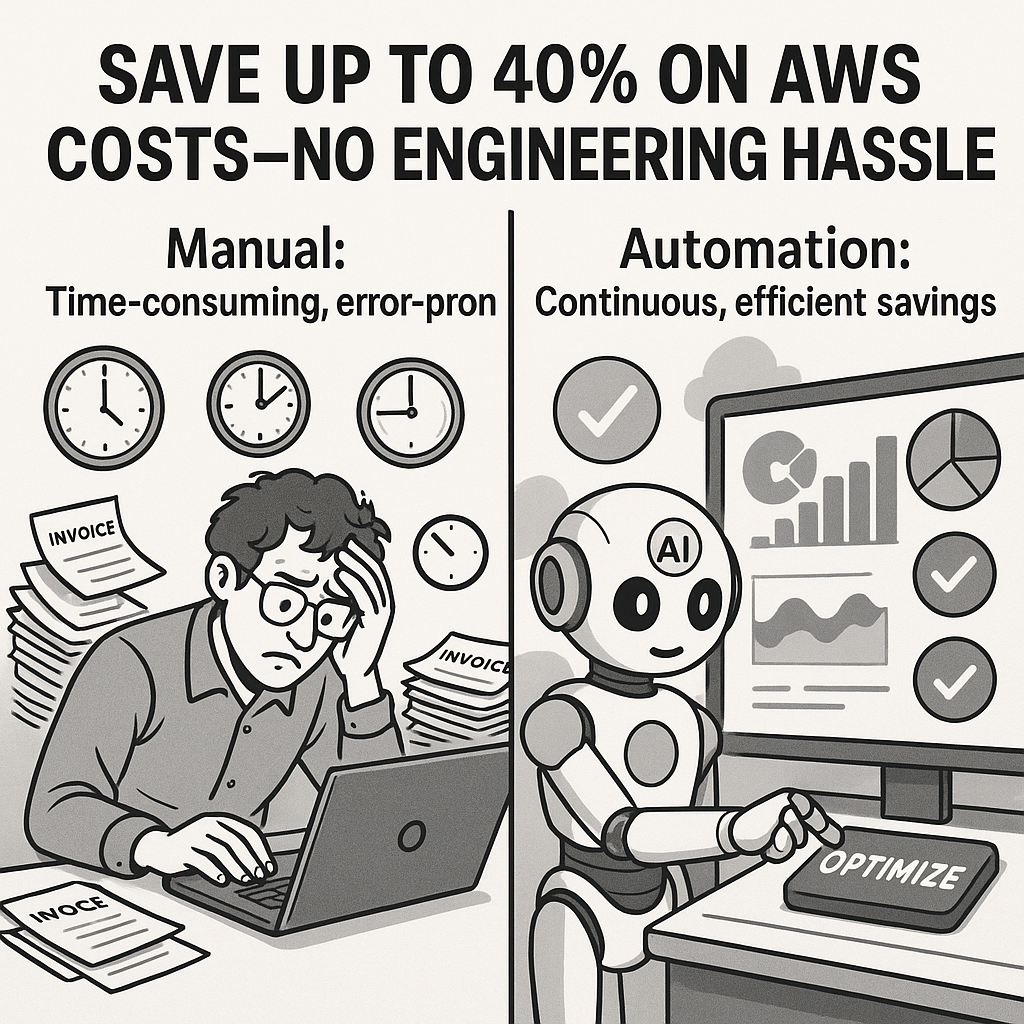 A detailed split-screen infographic showing manual AWS cost optimization on the left (engineer hunched over a spreadsheet, surrounded by clocks and piles of invoices; labeled 'Manual: Time-consuming, error-prone'), and automated AWS cost optimization on the right (cloud dashboard with charts, graphs, and green checkmarks, AI-assisted robot pressing 'Optimize' button; labeled 'Automation: Continuous, efficient savings'), with a bold headline: 'Save up to 40% on AWS Costs—No Engineering Hassle.'