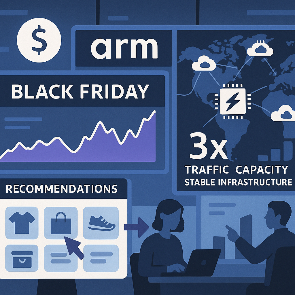 A dynamic scene of a busy e-commerce platform during peak event (Black Friday), showing a dashboard with usage spikes, fast product recommendation engines, and a map with cloud nodes powered by Graviton instances maintaining consistent low latency and high throughput; overlays include dollar savings icon, ARM logo, and a visual of tripled traffic capacity with stable infrastructure.
