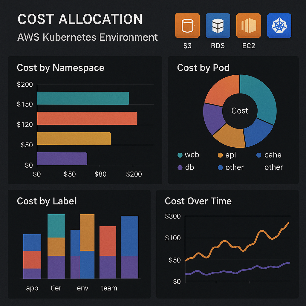 A high-resolution dashboard showing detailed cost allocation for an AWS Kubernetes environment: clear breakdowns by Kubernetes namespaces, pods, and labels, visualized as color-coded charts and graphs, with integration icons for AWS services like S3, RDS, and EC2 displayed alongside Kubernetes symbols, all on a dark-themed interface.