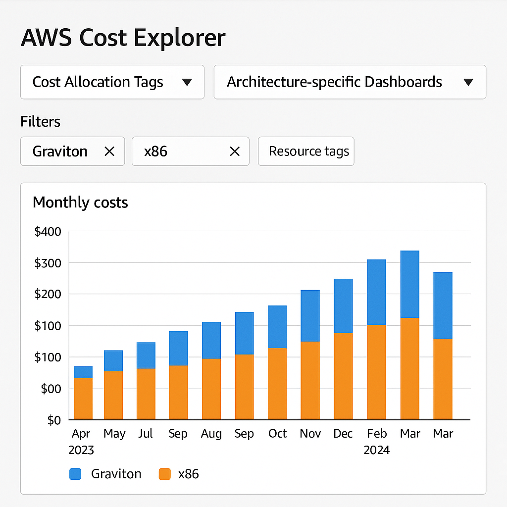 A precise dashboard view showcasing AWS Cost Explorer with custom filters applied. The screen should display a bar graph comparing monthly costs for Graviton and x86 instances, with clear resource tags for 'Graviton' and 'x86'. The interface should show labeled sections like 'Cost Allocation Tags' and 'Architecture-specific Dashboards', emphasizing architecture-based cost analysis.