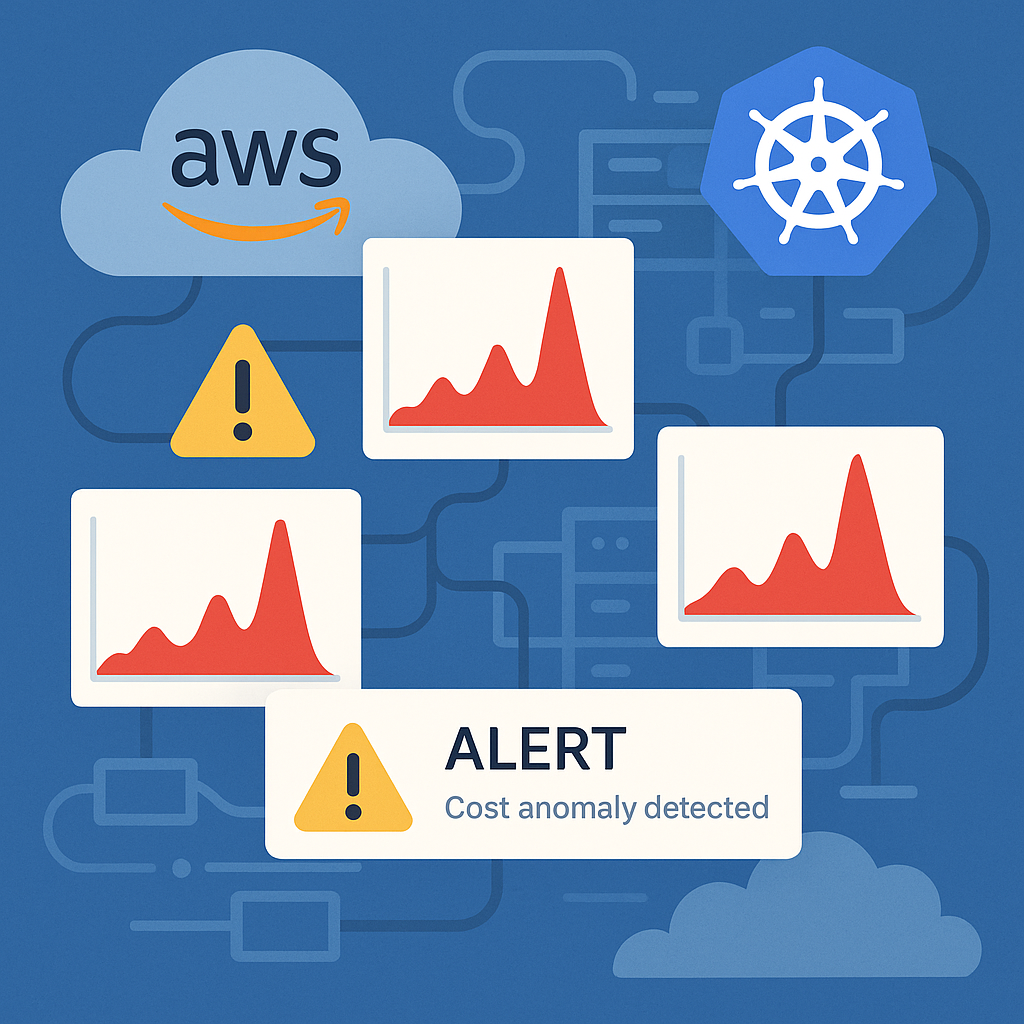 A real-time anomaly detection alert system for AWS Kubernetes usage: a visual of spike graphs highlighting sudden cost increases, with pop-up warning icons and notification banners, overlaid on a stylized cloud infrastructure background including AWS and Kubernetes logos, symbolizing instant alerting and proactive response.