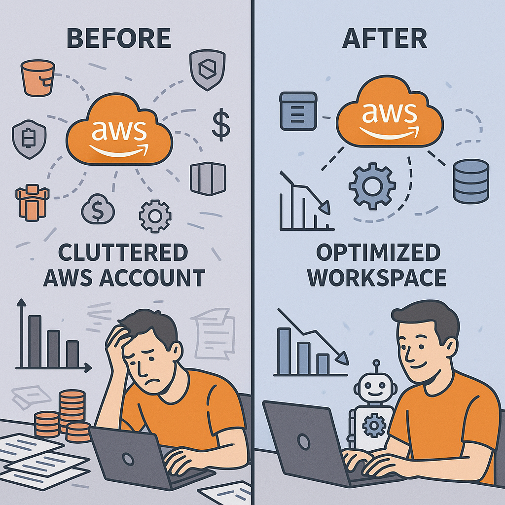 A side-by-side before-and-after comparison: on the left, a cluttered AWS account with scattered unused resources, high costs, and overwhelmed engineers manually managing costs; on the right, a clean, optimized workspace with efficient resources, automated systems (robots or gears), satisfied engineers focusing on innovation, and clear cost reductions shown by downward-pointing chart arrows.