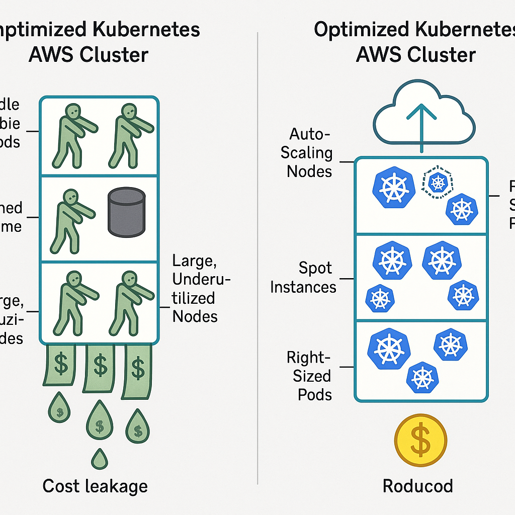 A side-by-side comparison of an unoptimized Kubernetes AWS cluster leaking costs with zombie pods and underutilized nodes, versus an optimized cluster with auto-scaling, spot instances, and right-sized pods