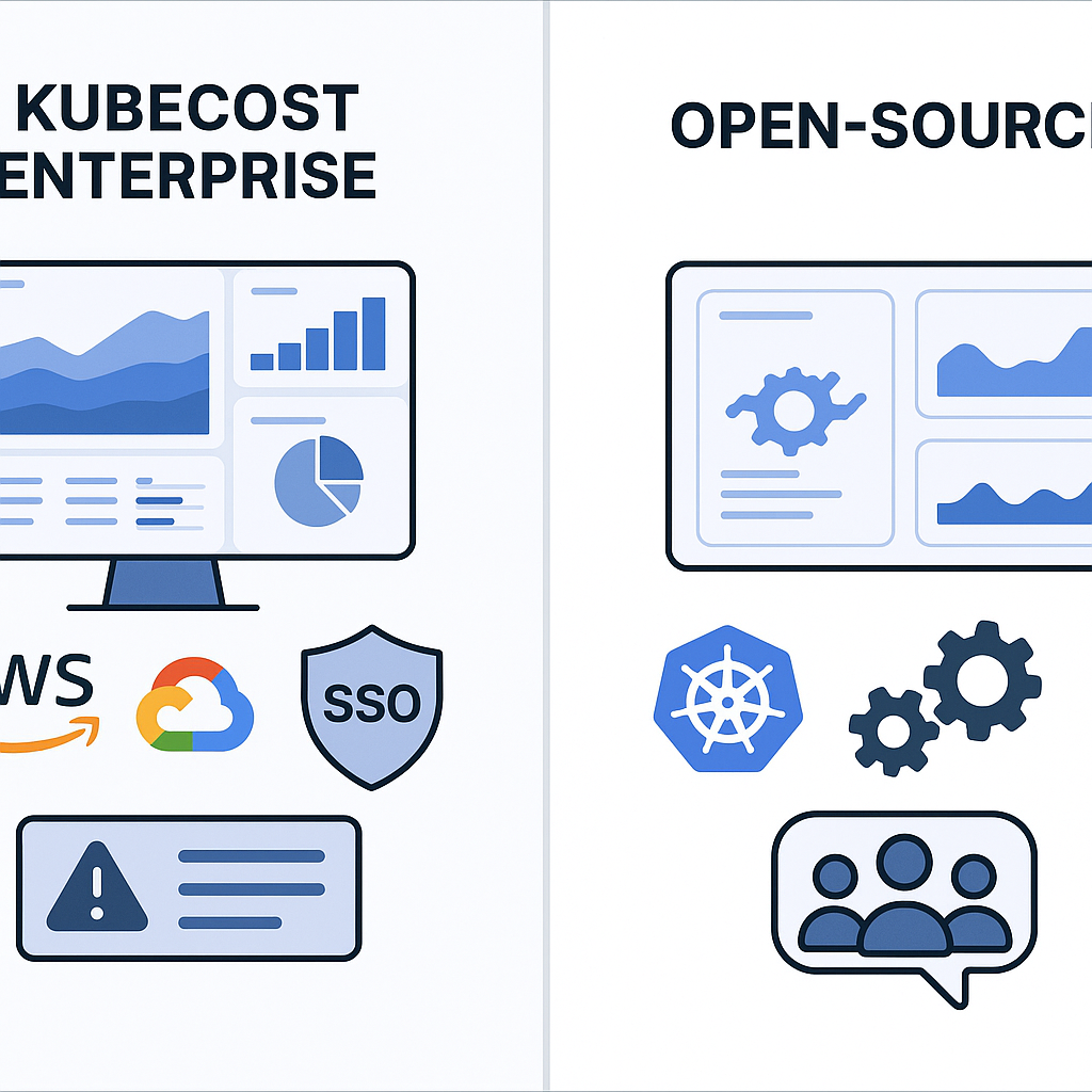 A split-screen infographic showing Kubecost Enterprise versus open-source Kubernetes cost management tools: on the left, an interface with advanced dashboards, multi-cloud icons (AWS, GCP, Azure), a central monitoring screen, SSO shield, and automated cost optimization alerts; on the right, a simpler dashboard with basic graphs, open-source logos, manual configuration gears, and community support icon. The overall style is professional and tech-focused.