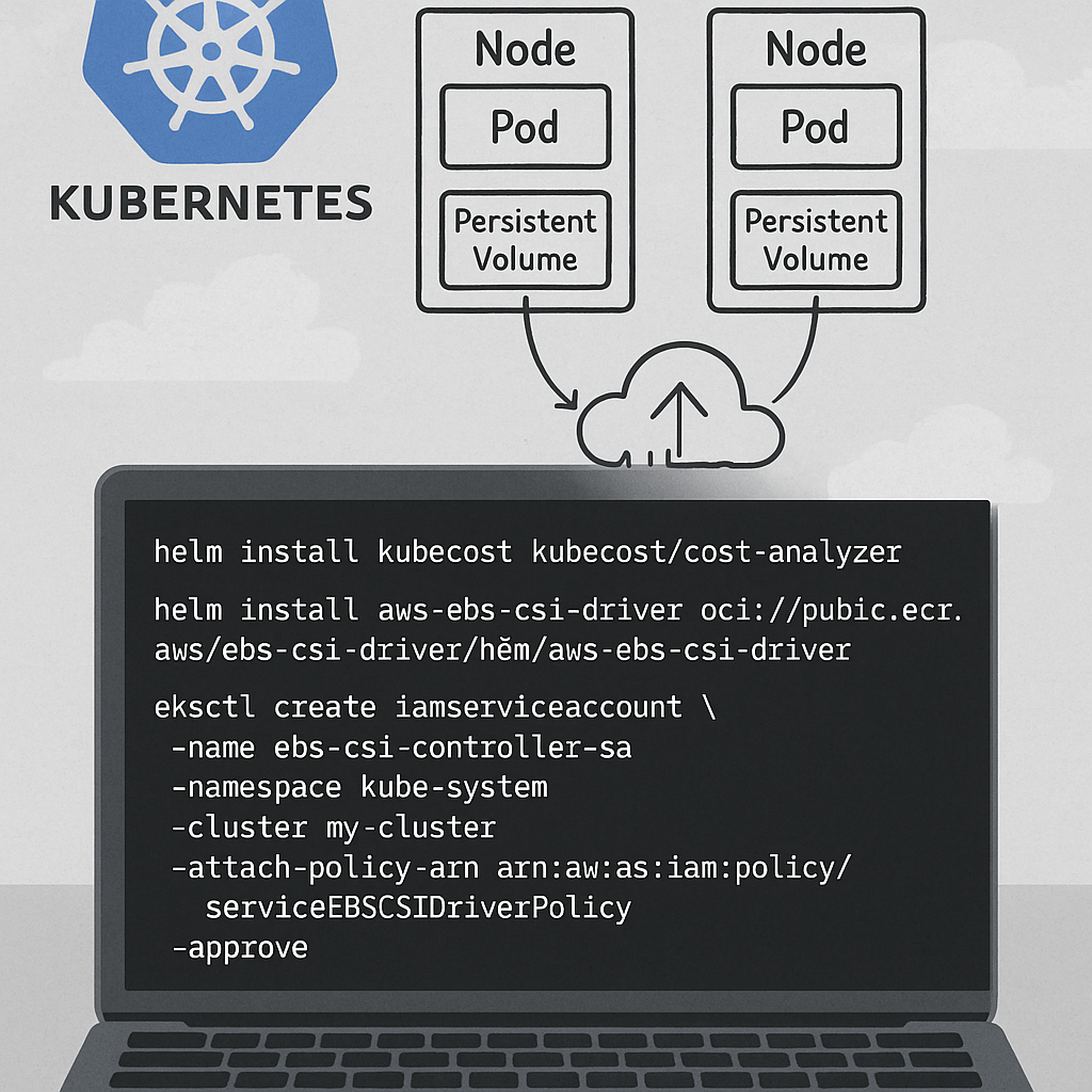 A step-by-step deployment scene: a laptop screen displays command-line instructions for installing Kubecost and the Amazon EBS CSI driver using Helm and eksctl; in the background, a Kubernetes cluster diagram highlights nodes, persistent volumes, and their connection to AWS cloud storage, illustrating the deployment process and integration requirements.