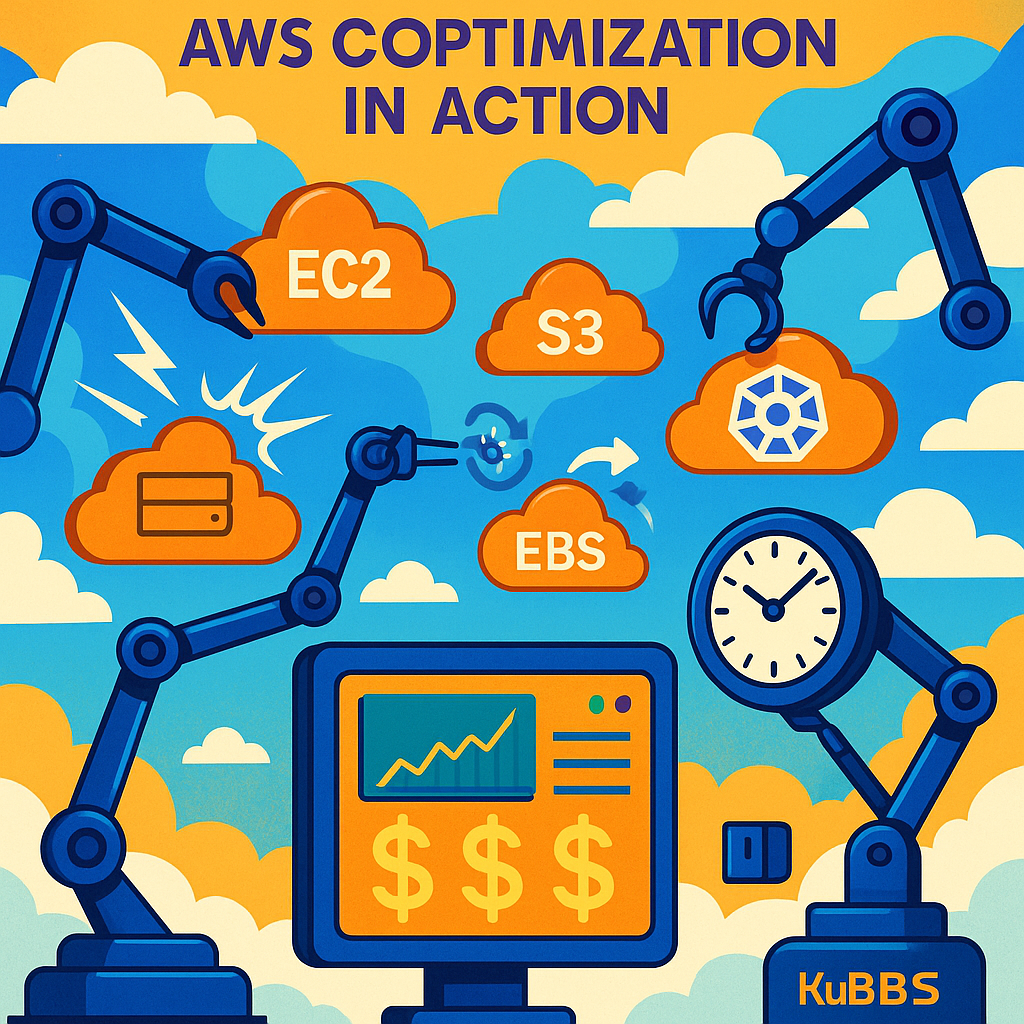 A vibrant illustration depicting cloud infrastructure as floating AWS icons (EC2, S3, RDS, EBS, Kubernetes) being dynamically optimized by robotic arms: idle server icons being zapped away, oversized instances shrinking to fit workloads, clock arms auto-scheduling resources off, and a dashboard with dollar signs and performance graphs in the center—visually representing 'Autopilot AWS Cost Optimization in Action.'