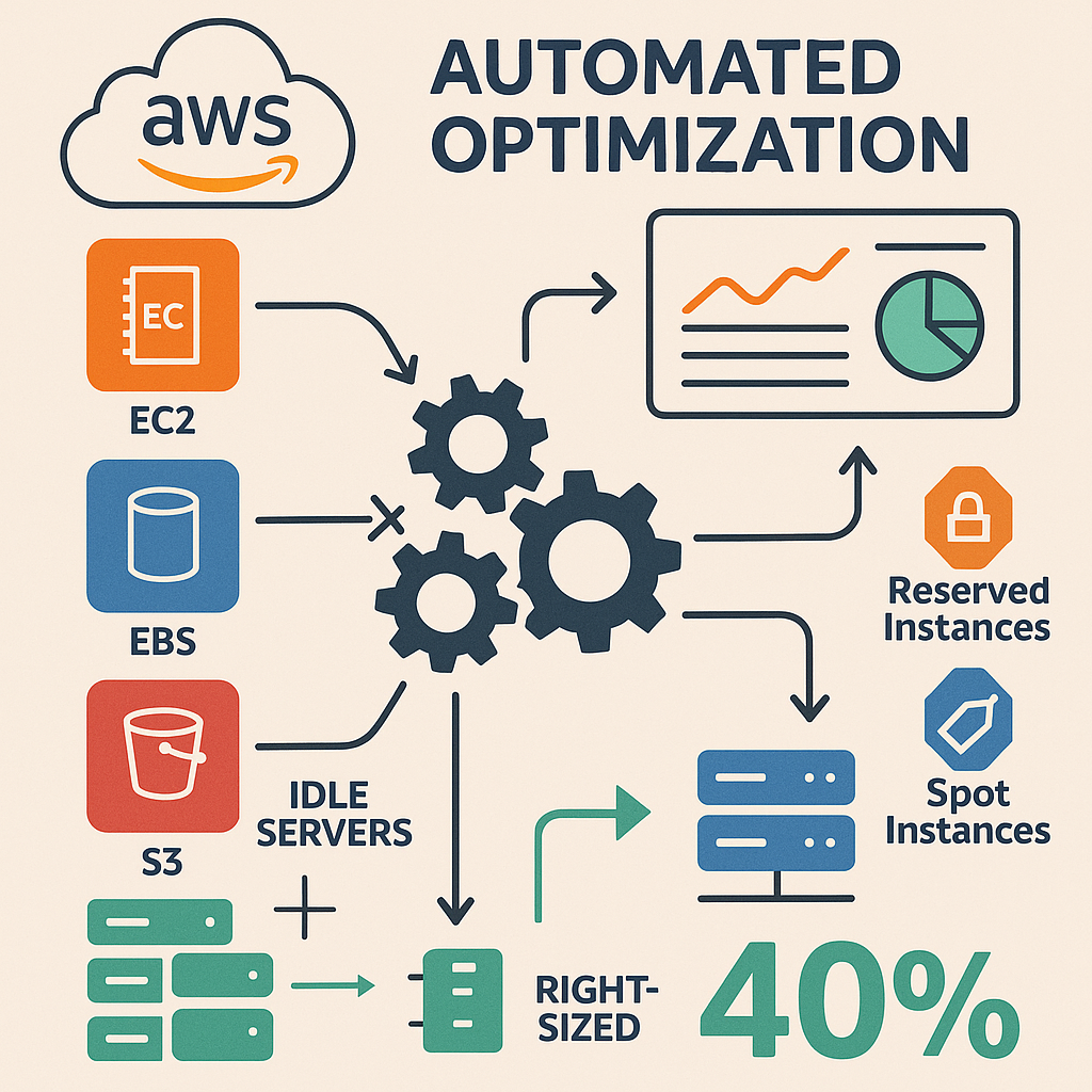 An illustrated diagram of an AWS cloud environment showing automated optimization in action: arrows depicting algorithms analyzing resource usage, idle servers being eliminated, resources being right-sized, with cost savings percentages (e.g., 40%) visually highlighted. Include icons for EC2, EBS, S3, Reserved and Spot Instances, and monitoring dashboards, all connected with automation gears.