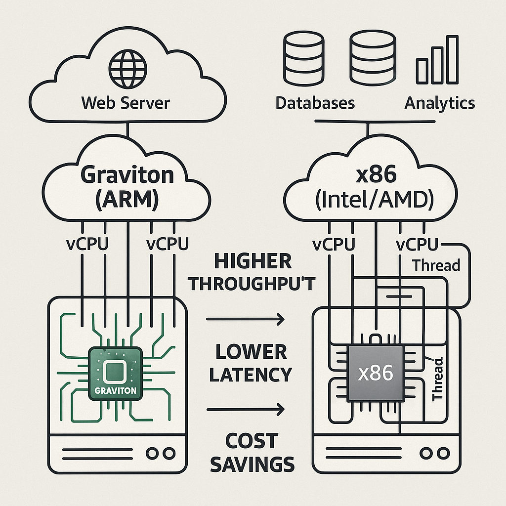 An illustration comparing AWS Graviton instances with traditional x86 processors under heavy cloud workload: depicted as two types of cloud servers side by side, one labeled 'Graviton (ARM)' with green circuitry and direct 1:1 vCPU-to-core mapping, the other labeled 'x86 (Intel/AMD)' showing complex threading and hyperthreading lines; performance metrics such as higher throughput, lower latency, and cost savings are highlighted with bold callouts, and icons for web servers, databases, and analytics workloads shown above each server.