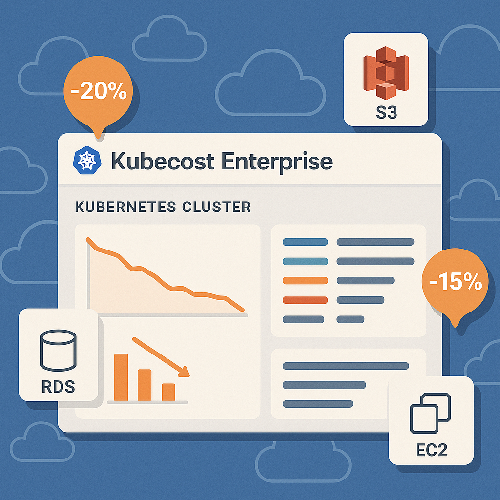 An illustration of a Kubernetes cluster dashboard overlaid on a stylized AWS cloud infrastructure, with visual elements representing cost savings like downward trending charts, percentage savings balloons, and cost allocation for AWS services such as RDS, S3, and EC2. The dashboard is labeled 'Kubecost Enterprise', showcasing centralized management.