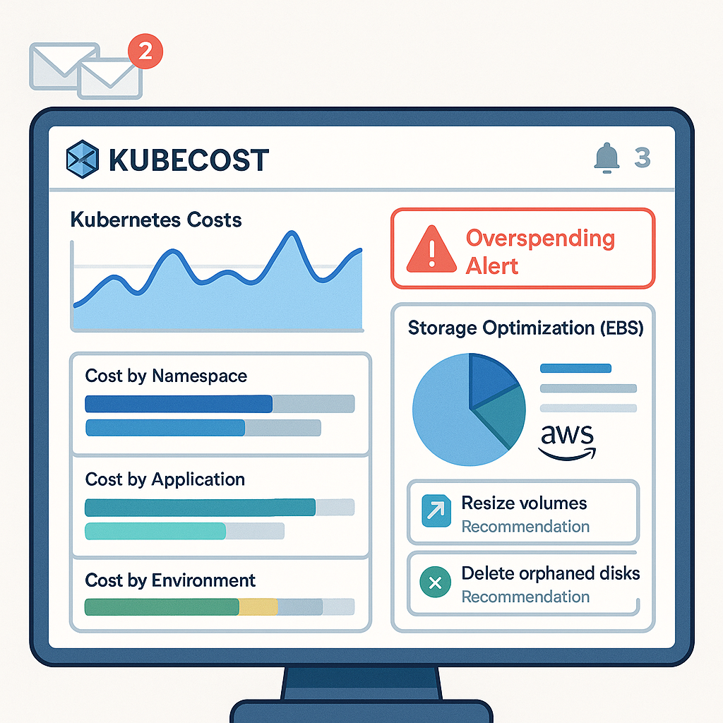 An illustration of the Kubecost dashboard interface: a computer screen displaying intuitive graphs and breakdowns of Kubernetes costs by namespace, application, and environment on AWS. Prominently show alerts/notifications for overspending, and visual indicators for storage optimization (EBS), such as recommendations for resizing volumes and deleting orphaned disks, highlighting actionable insights for cost control.