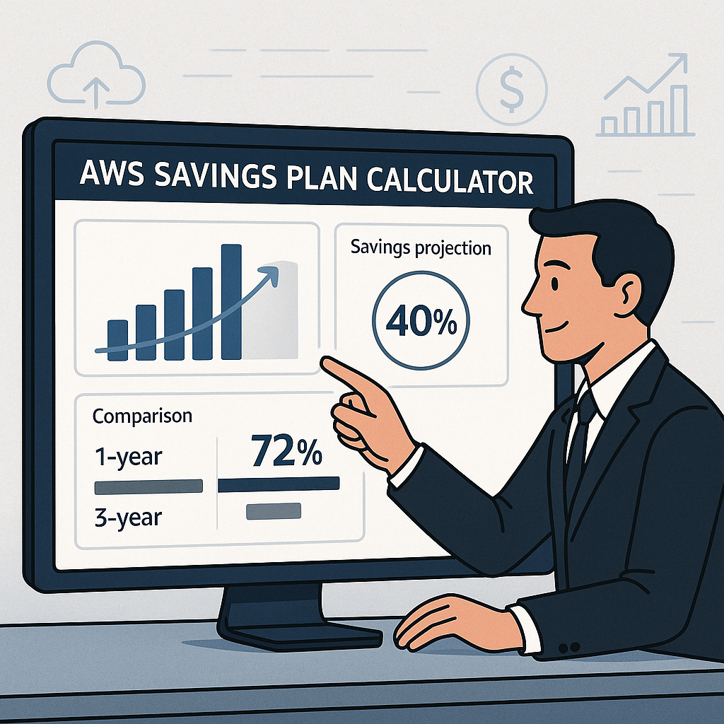 An illustration showing a modern digital dashboard interface labeled 'AWS Savings Plan Calculator' on a computer screen displaying charts, savings projections, and comparison tables for 1-year and 3-year commitment plans