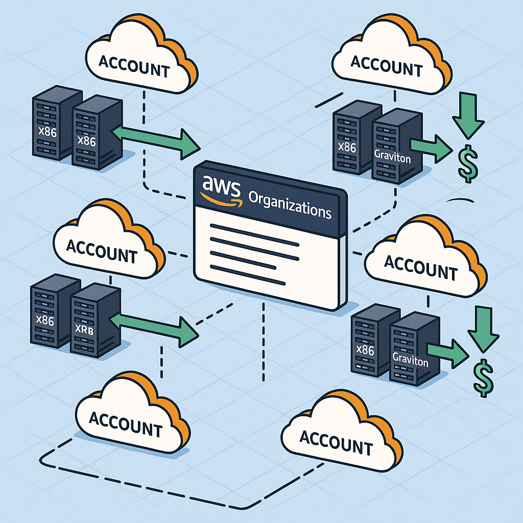 Isometric illustration of AWS multi-account environment with x86 and Graviton instances, AWS Organizations dashboard, and migration cost savings