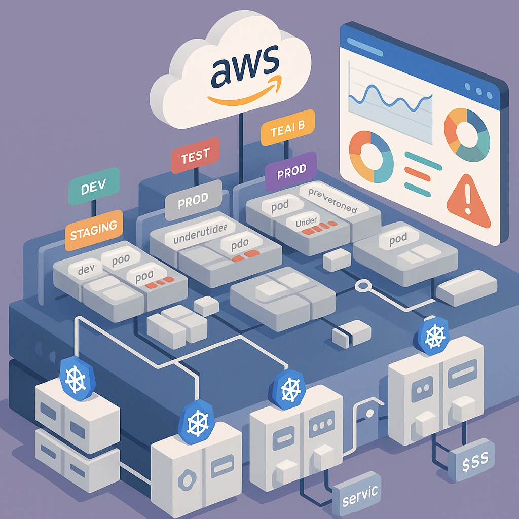 An isometric illustration of an AWS cloud infrastructure running multiple Kubernetes clusters, showing nodes, pods, services, namespaces, resource utilization, and cost breakdowns