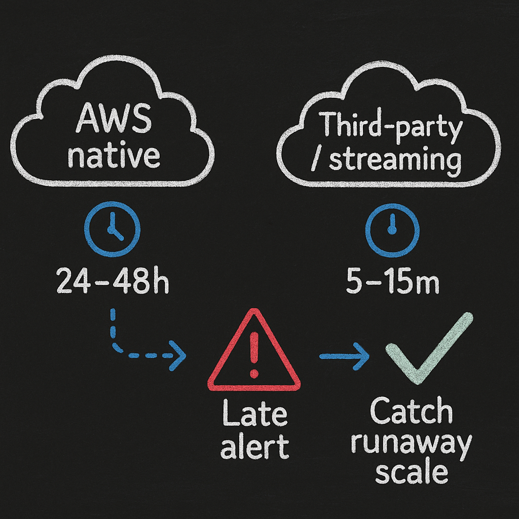 Illustration comparing AWS native 24–48h latency vs third‑party 5–15m near real‑time monitoring, showing ability to catch runaway autoscaling