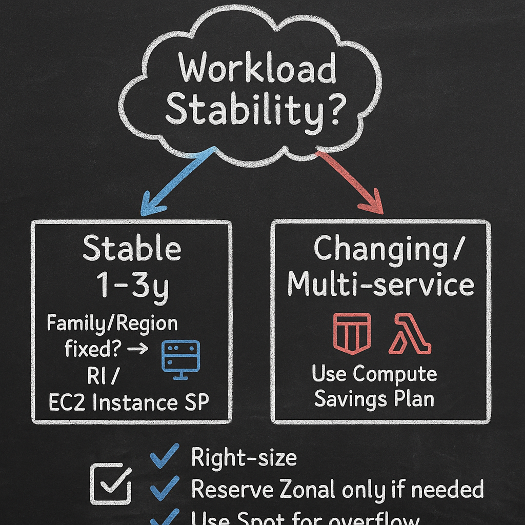 Three-step decision flow for EC2 commitments: Workload stability -> choose RI/EC2 Instance SP for fixed family/region or Compute Savings Plan for changing/multi-service environments; checklist: right-size, reserve zonal only if needed, use Spot for overflow
