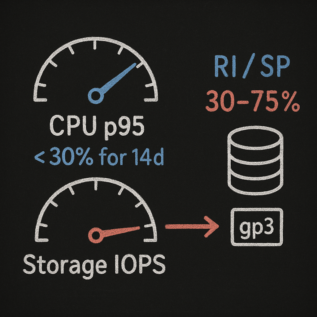 Chalk-style illustration of rightsizing and rate optimization: CPU p95 gauge, storage IOPS moving to gp3, and RI/Savings Plans coin stack with 30–75% savings — illustrating metrics-driven downsizing and commitment savings