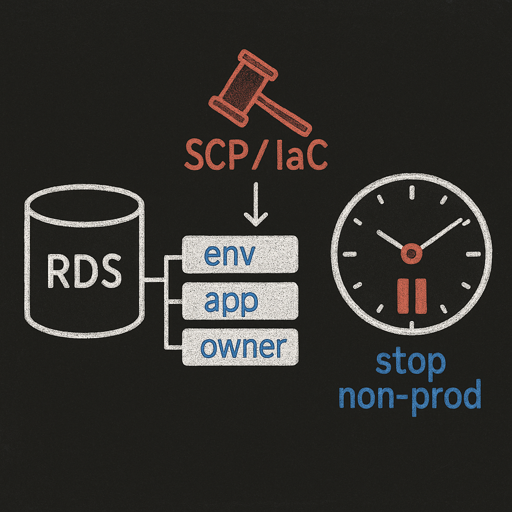 Chalk-style illustration of RDS tagging and policy enforcement: RDS cylinder with tags (env, app, owner), SCP/IaC policy gavel enforcing tags, and clock showing scheduled stop for non-prod — visualizing tag-driven automations and stop/start scheduling