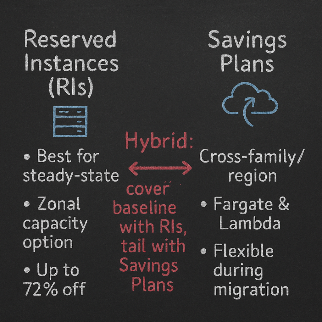Chalkboard comparison of Reserved Instances vs Savings Plans showing RI benefits (steady-state, zonal capacity, up to 72% off) and Savings Plans benefits (cross-family/region, Fargate & Lambda, flexibility) with hybrid recommendation