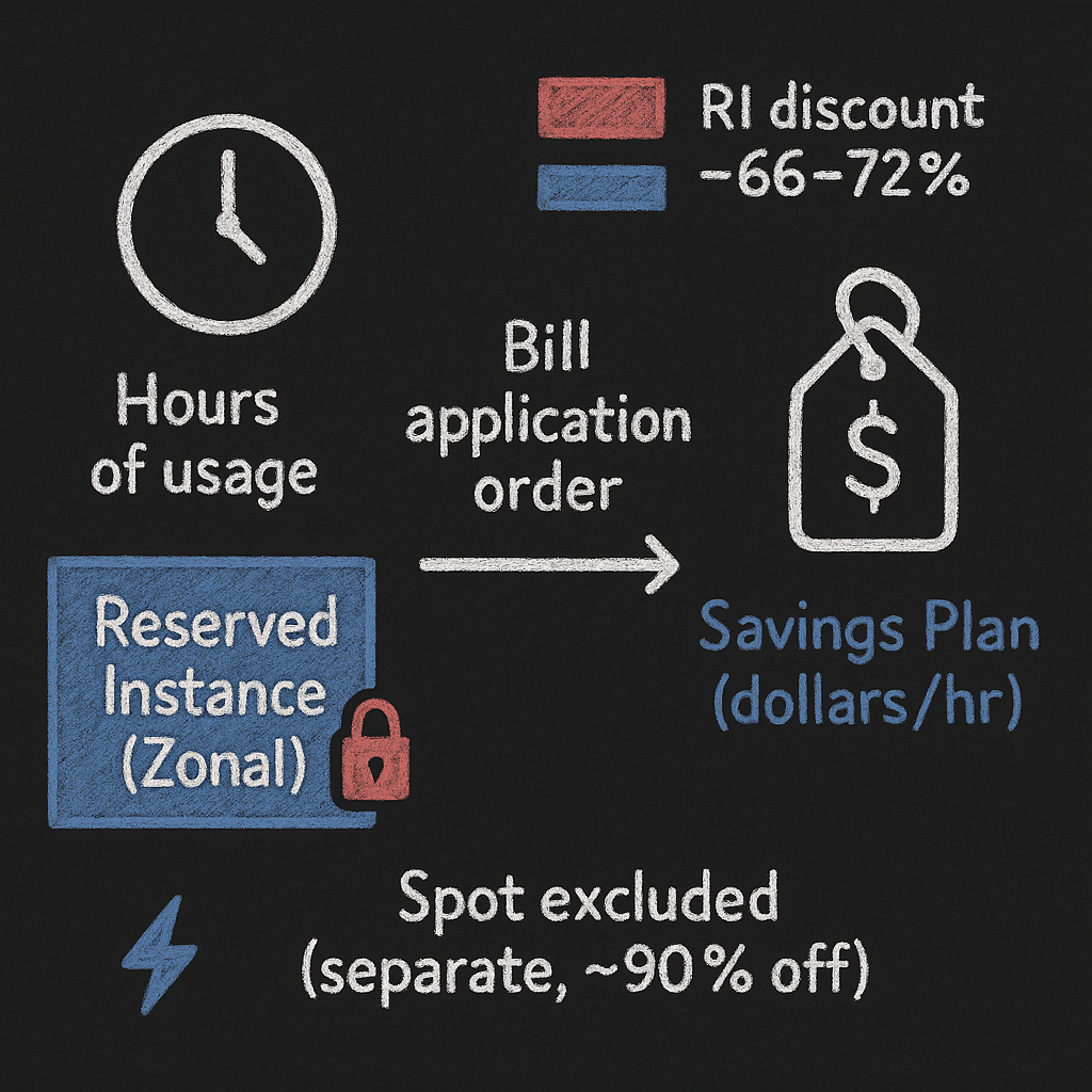 Infographic showing how discounts apply: Reserved Instances (hours of usage, zonal lock for capacity) applied first, then Savings Plans (dollars/hour) applied; note that Spot is excluded and deeply discounted