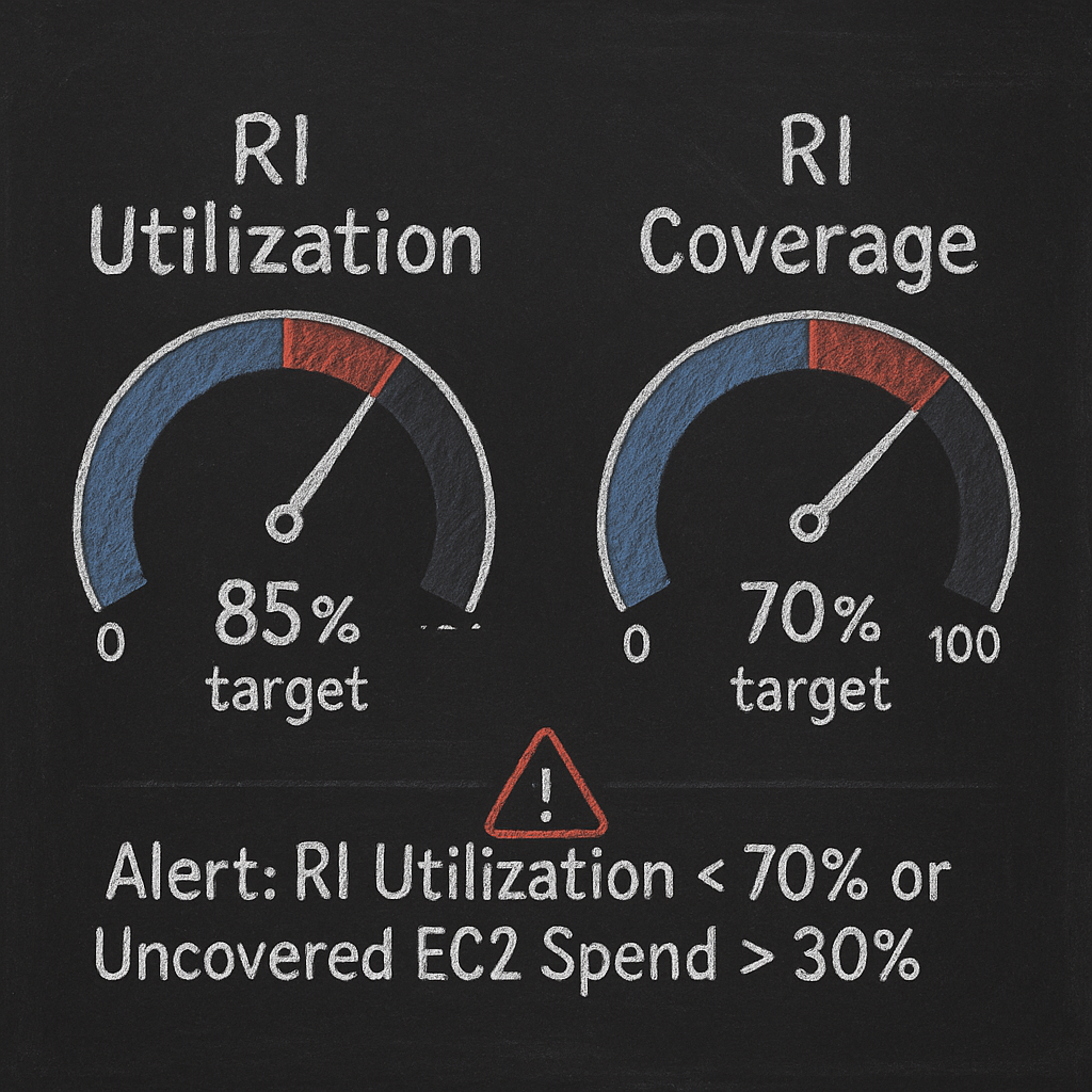 Chalkboard-style gauges for RI Utilization and RI Coverage showing targets (85% utilization, 70% coverage) and alert guidance for RI Utilization < 70% or Uncovered EC2 Spend > 30%