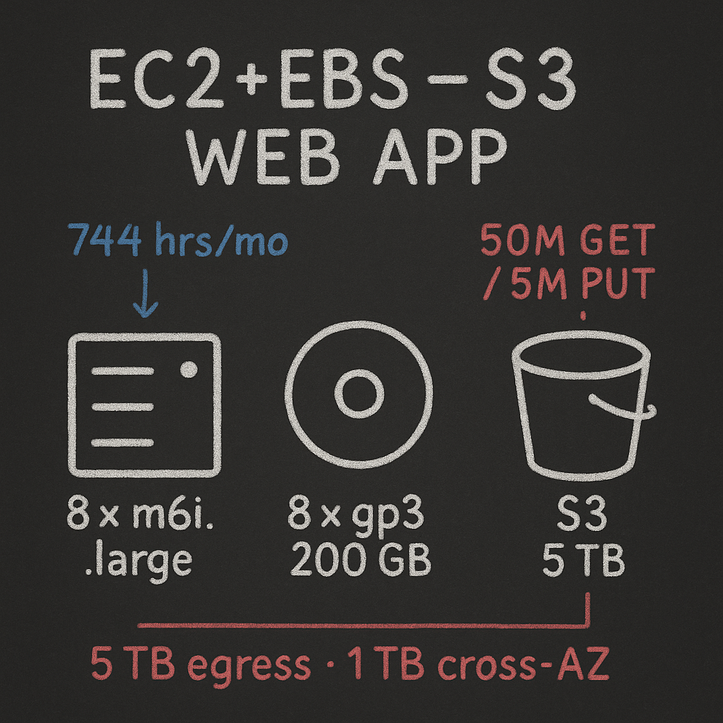 Chalkboard-style cost breakdown diagram for an EC2 + EBS + S3 web app: 8 x m6i.large, 8 x gp3 200 GB, S3 5 TB, 744 hrs/mo, 50M GET / 5M PUT, 5 TB egress and 1 TB cross‑AZ