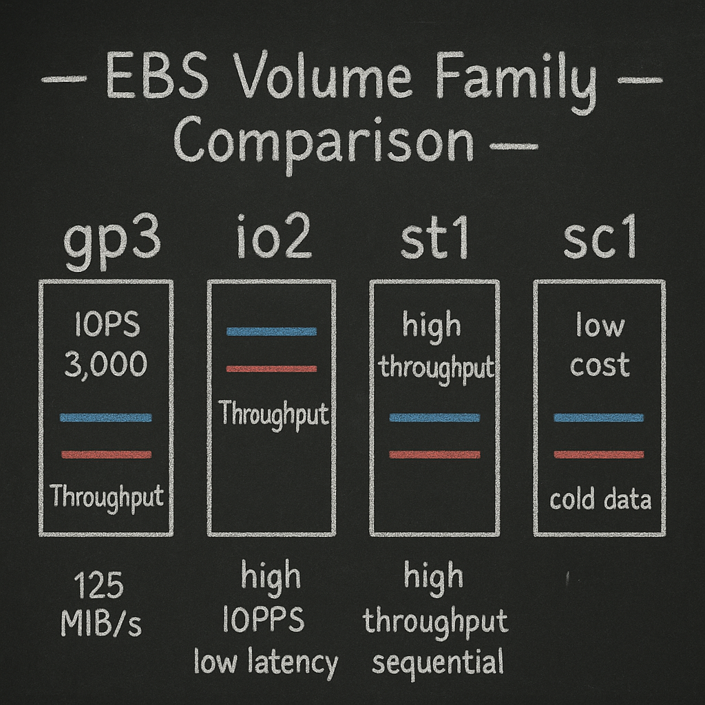 EBS volume family comparison diagram showing gp3, io2, st1, sc1 with IOPS and throughput characteristics (gp3 3,000 IOPS 125 MiB/s; io2 high IOPS low latency; st1 high throughput sequential; sc1 low cost cold data)