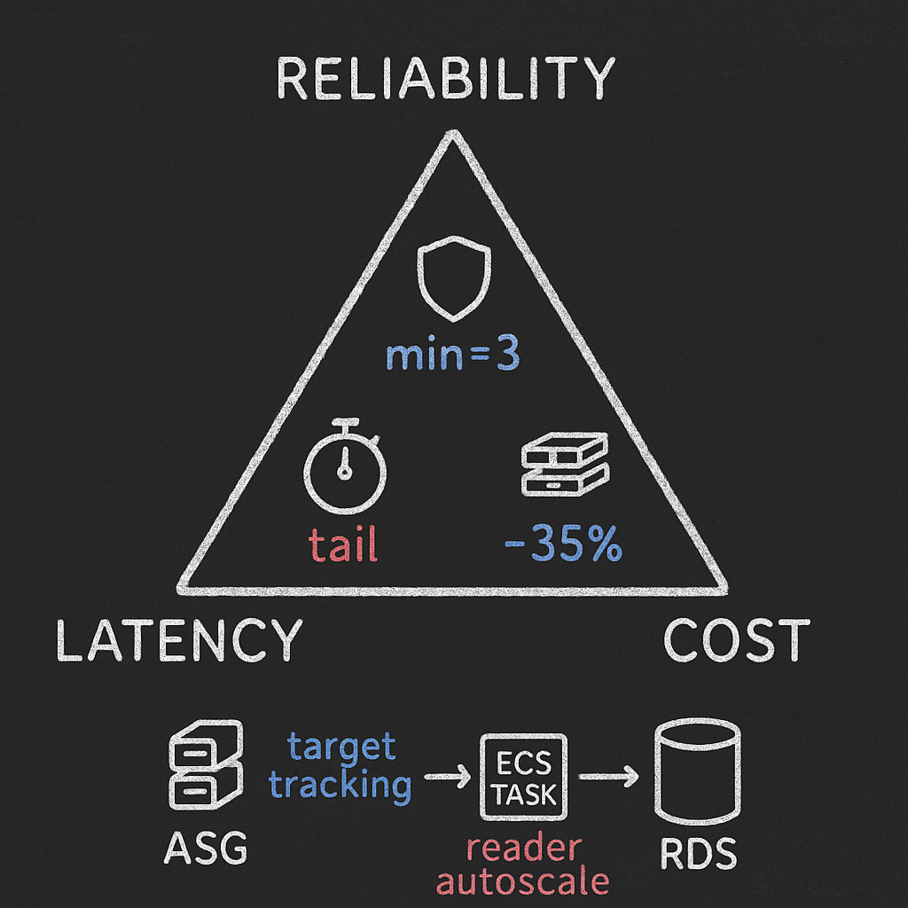 Chalk-style triangle comparing Reliability (shield min=3), Latency (stopwatch tail), and Cost (dollar stack -35%), with arrows to ASG, ECS task, and RDS illustrating trade-offs between reliability, latency, and cost