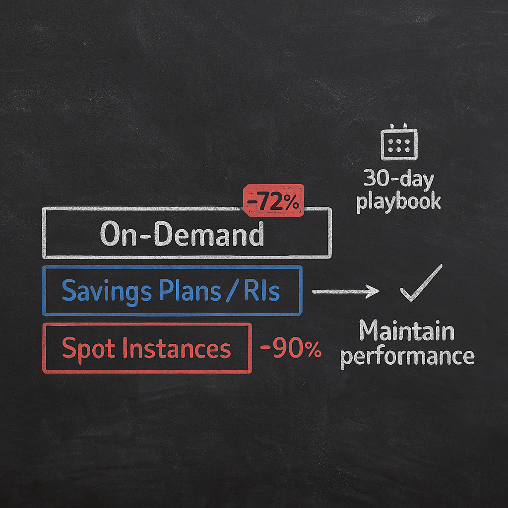 Stacked bars comparing On‑Demand, Savings Plans/Reserved Instances (70–80% coverage) and Spot Instances with discounts up to 72% and 90% — rate optimization for AWS