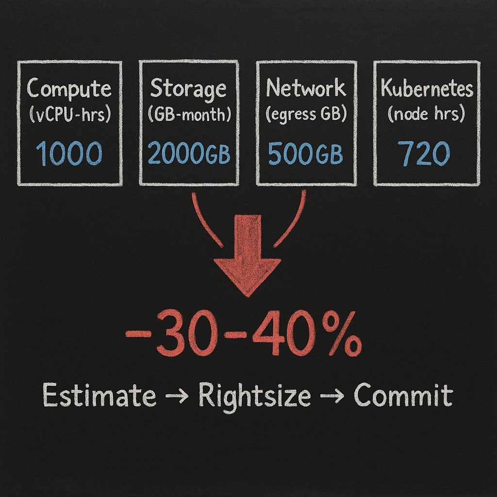 Chalkboard-style infographic showing compute (vCPU-hrs), storage (GB-month), network (egress GB), and Kubernetes (node hrs) inputs with a red downward arrow labeled -30–40% illustrating typical savings from rightsizing and automation