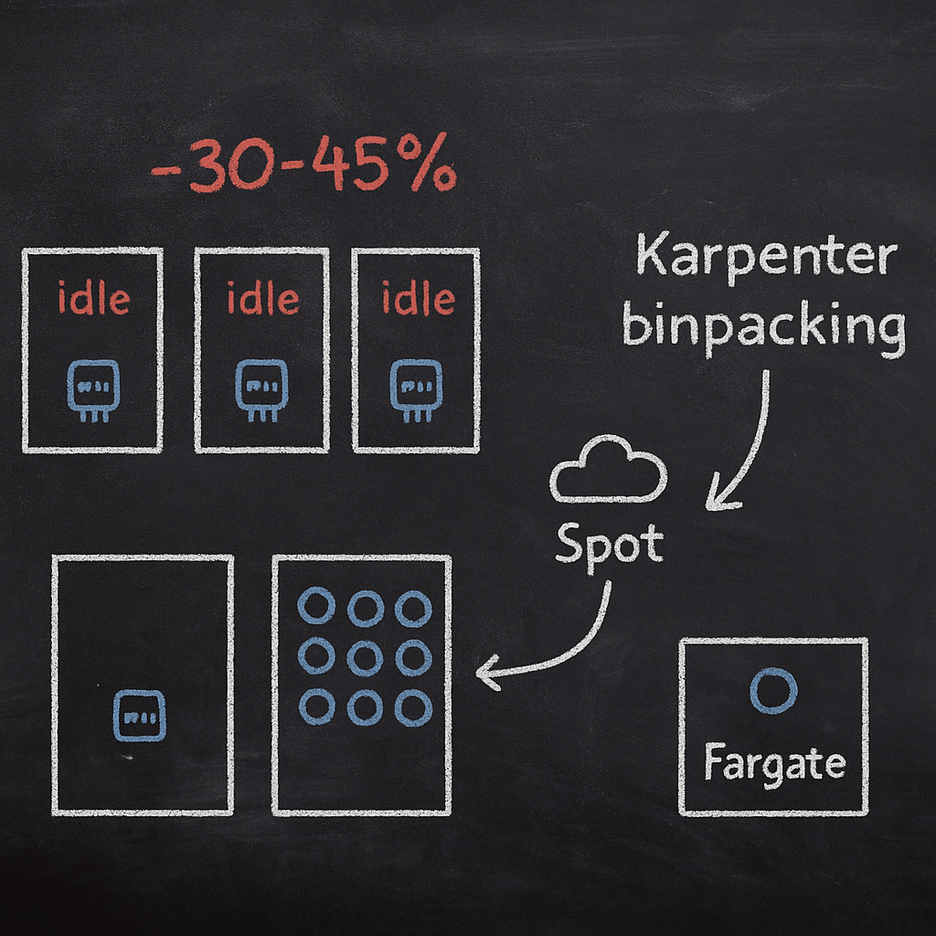 Karpenter binpacking illustration showing packed nodes, Spot instance arrow, and Fargate pod – visualizing node binpacking and Spot savings of ~30–45% for EKS
