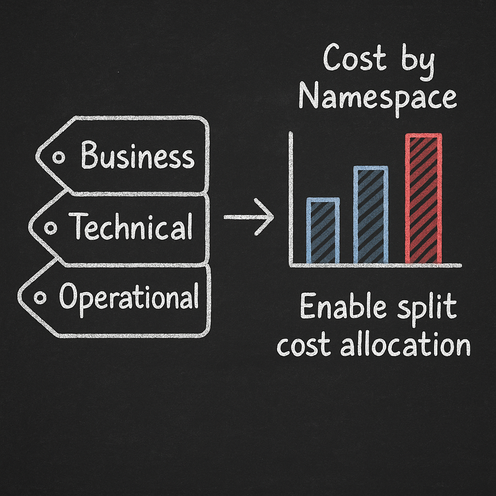 Tiered tagging strategy diagram for cloud cost allocation showing Business, Technical, and Operational tags pointing to cost-by-namespace chart – enable split cost allocation for Kubernetes billing