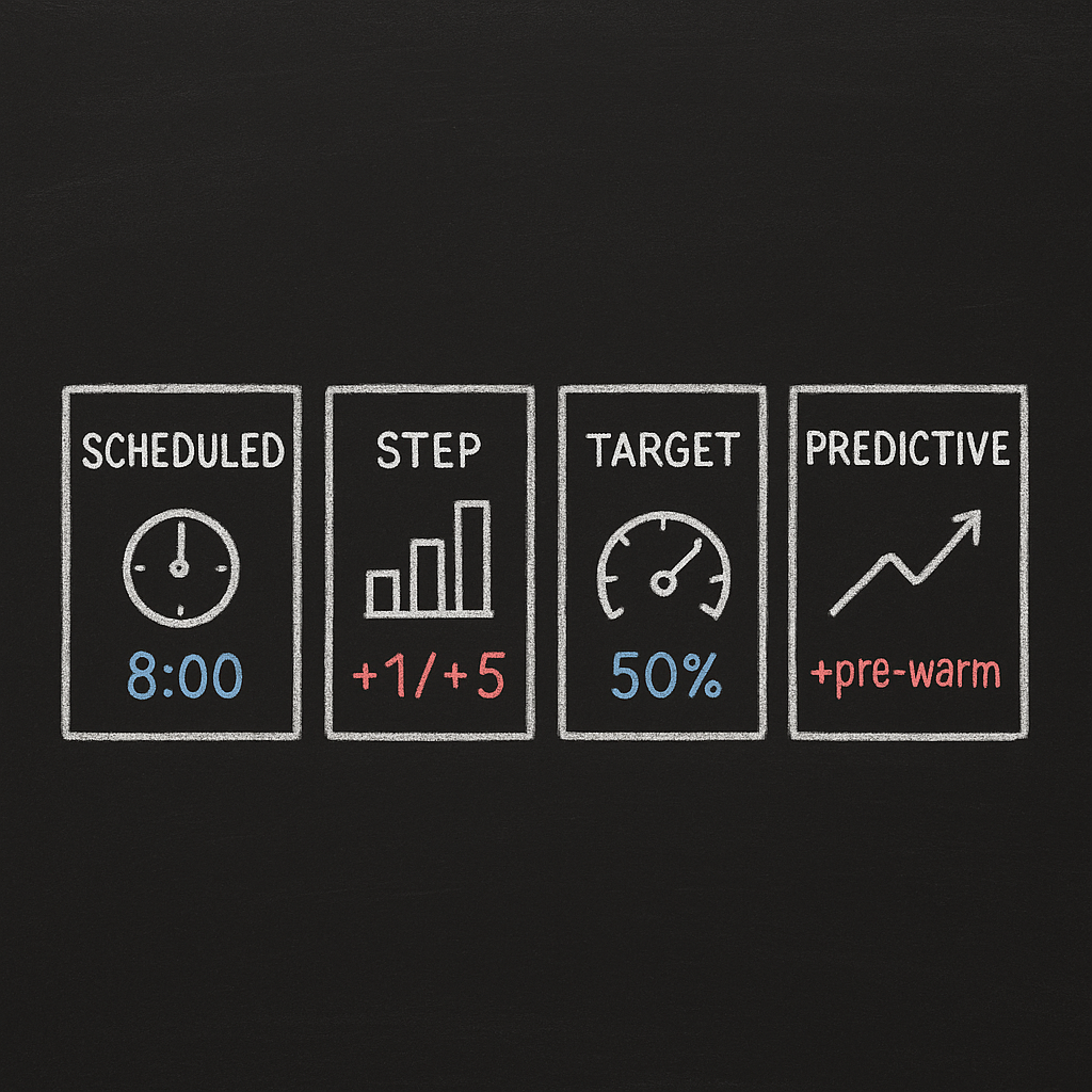 Chalk-style diagram showing four scaling policy types labeled Scheduled (clock 8:00), Step (+1 / +5), Target (gauge 50%), and Predictive (+pre-warm) — visual guide to scheduled, step, target, and predictive scaling