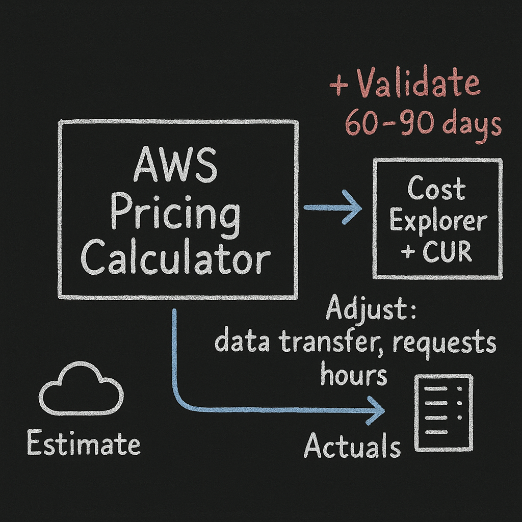 Chalkboard-style diagram showing AWS Pricing Calculator estimate -> validate workflow with Cost Explorer + CUR and adjustment notes for data transfer, requests, and hours