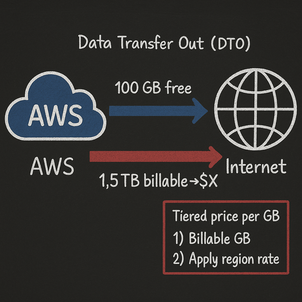 Diagram showing AWS to Internet egress flow with 100 GB free and remaining billable GB — visual explanation of Data Transfer Out (DTO) and tiered per‑GB pricing