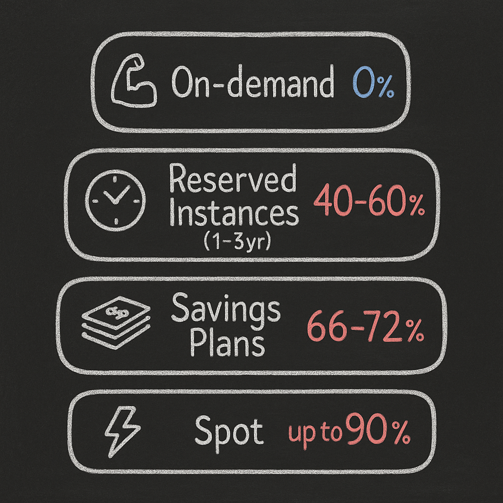 Chalkboard-style comparison of AWS pricing models: On-demand (0%), Reserved Instances (40–60%), Savings Plans (66–72%), Spot (up to 90%) — visualizing typical discount ranges for commitments and spot usage