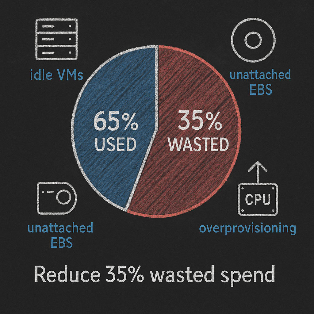 Pie chart showing 65% used and 35% wasted cloud spend with icons for idle VMs, unattached EBS, and overprovisioning — reduce 35% wasted AWS spend
