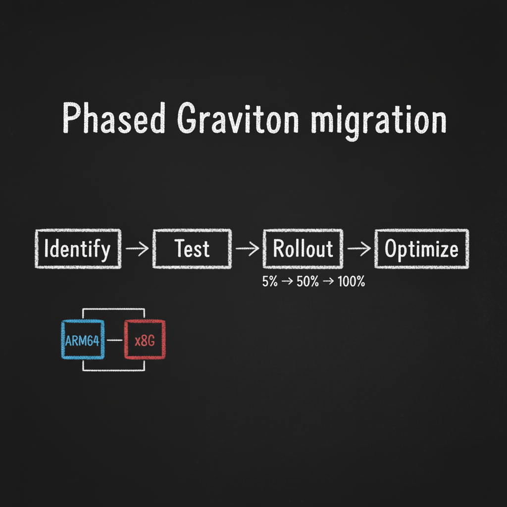 Blackboard illustration: phased Graviton migration—Identify, Test, Rollout 5%→50%→100%, then Optimize.