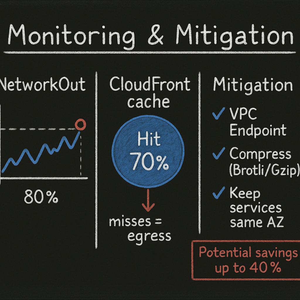 Monitoring and mitigation concept: NetworkOut metric, CloudFront cache hit/miss callouts, and checklist (VPC Endpoint, compression, same AZ) showing how to spot and reduce egress