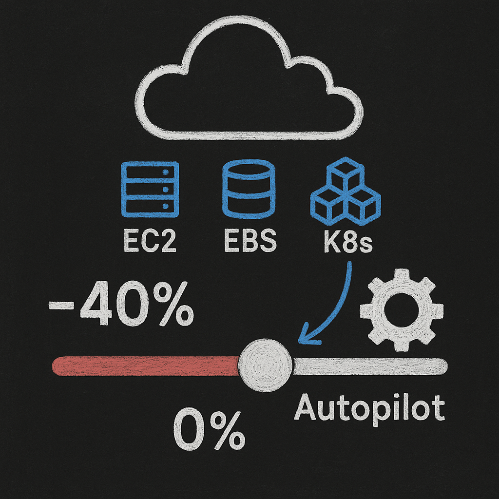 Autopilot cost optimization illustration showing EC2, EBS, and Kubernetes with an automated slider indicating up to 40% savings