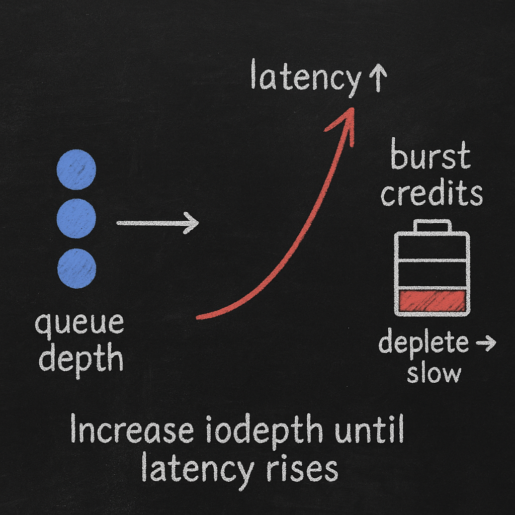 Troubleshooting sketch illustrating queue depth, rising latency, and burst credits depletion to diagnose slow EBS performance