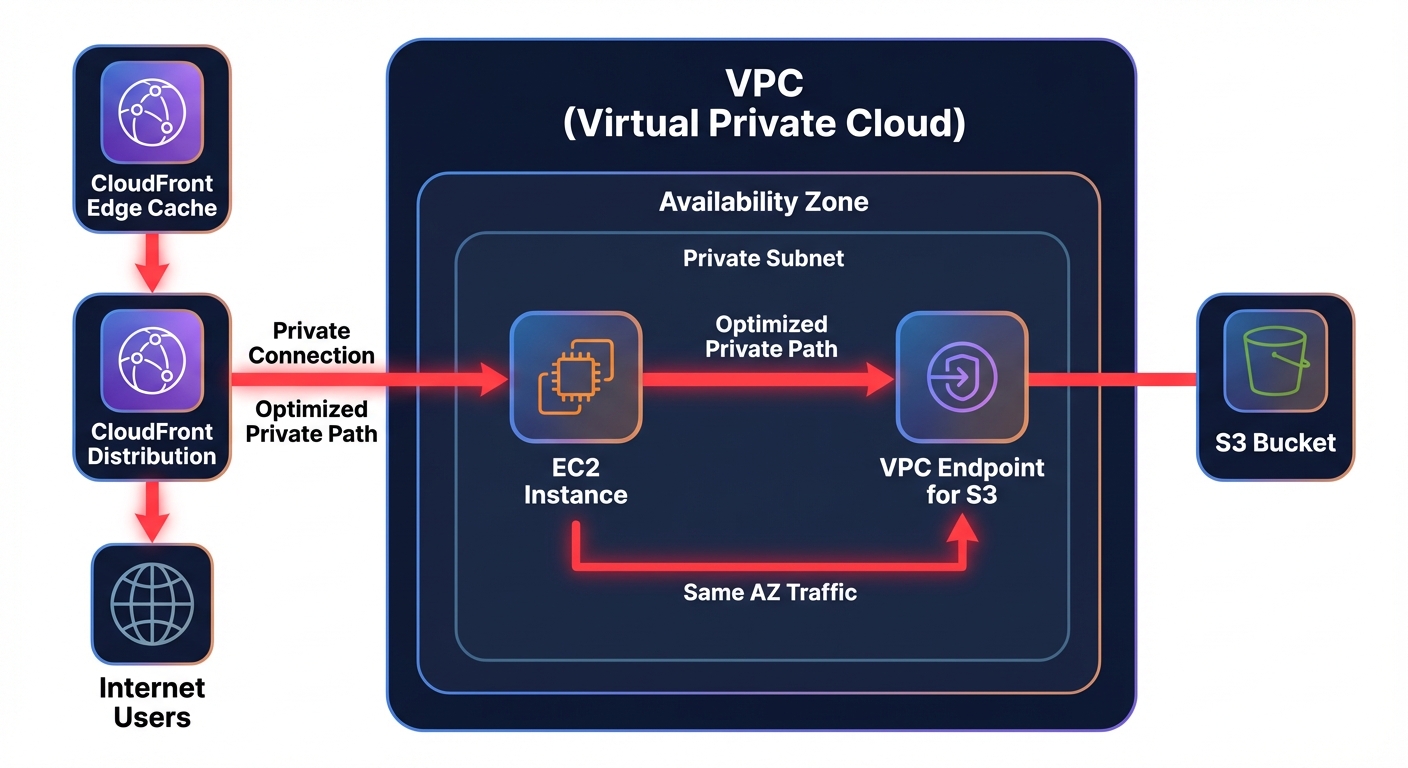 Clean AWS architecture-style diagram on dark navy background showing optimized data paths with VPC endpoints and reduced egress traffic