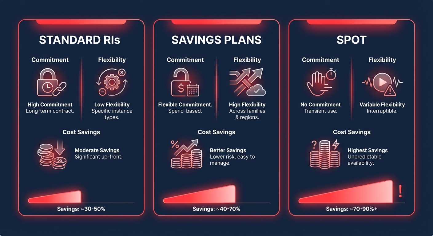 Clean SaaS-style infographic comparing AWS Standard Reserved Instances, Convertible RIs, and Savings Plans in terms of flexibility, discounts, and resale options.